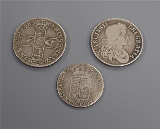 A Charles II 1672 crown flat area to OBV, otherwise VG, a James II 1687 crown VG, and a William & Mary 1689 halfcrown